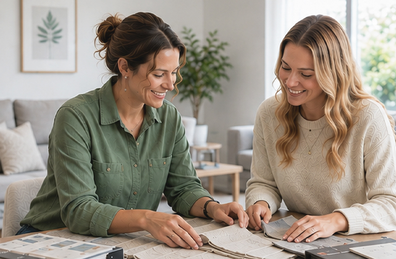 An interior designer going through fabric books with a client