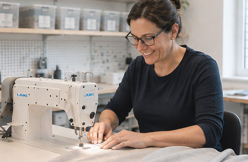 A workroom machinist sewing a curtain heading