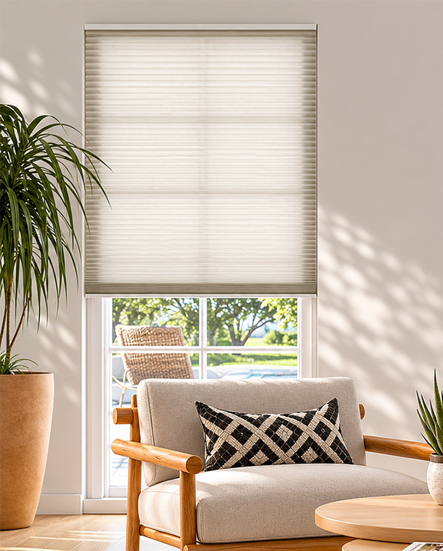 Decorquip cream free-hanging pleated blind partially lowered over a living room window