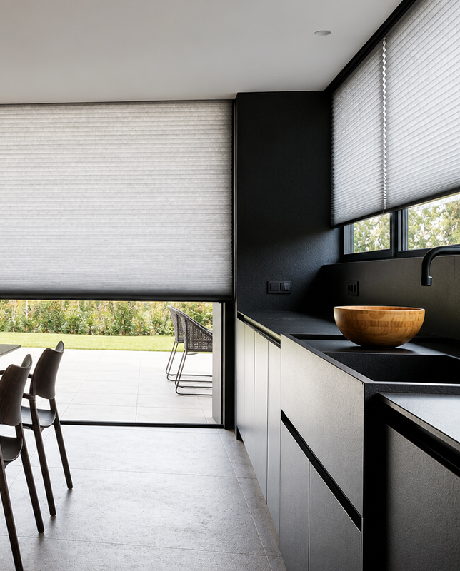 Decorquip grey free-hanging pleated blinds partially lowered over large kitchen windows